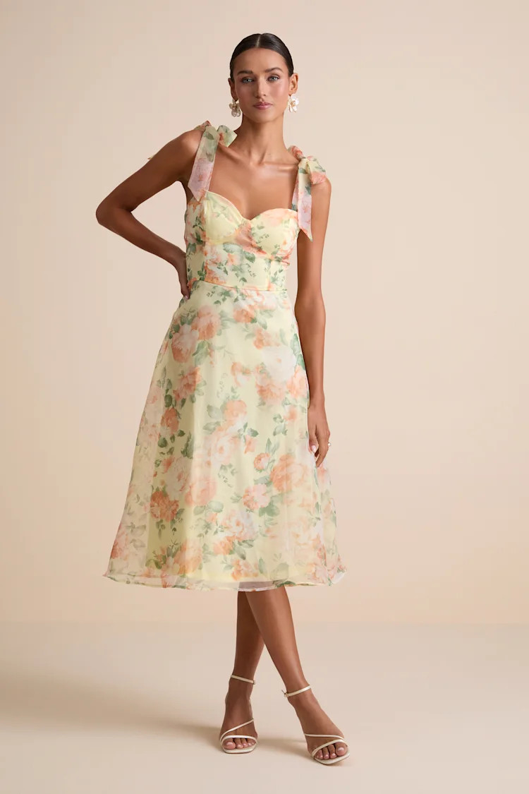 Olesya Light Yellow Floral Tie-Strap Midi Dress | Lulus