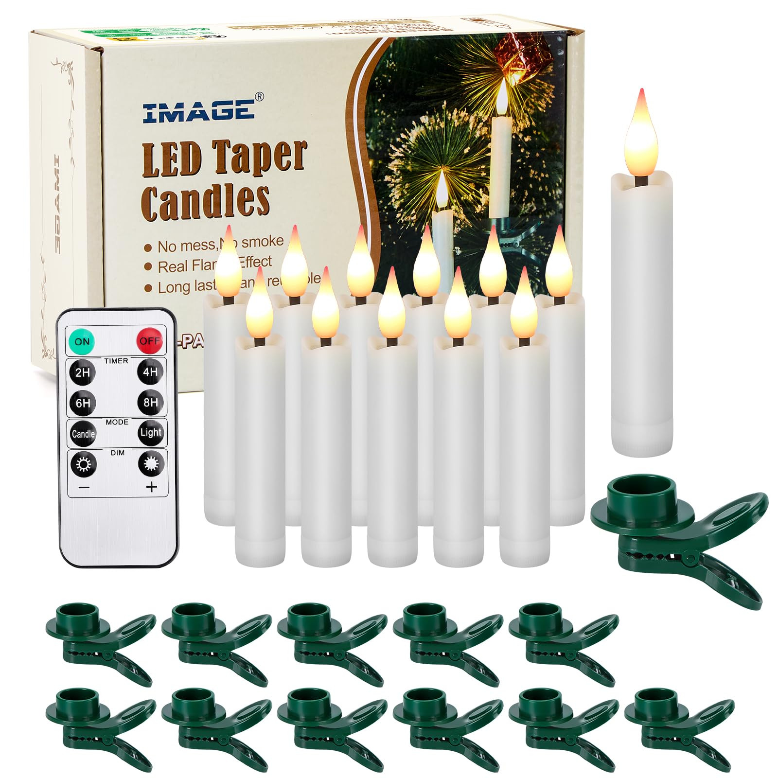 12Pcs LED Taper Candles Light Set Flameless 3D Wick Ivory Candles with Clip-on Christmas Tree Des... | Amazon (US)
