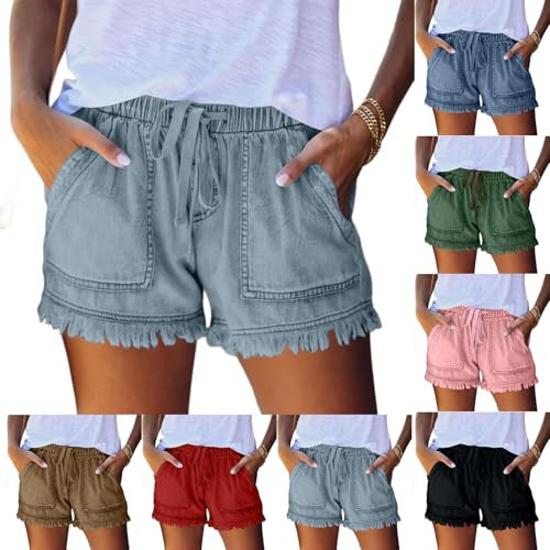Jean Shorts Women High Waisted Denim Shorts Summer Fringed Skinny Casual Raw Hem Drawstring Baggy Jorts Boyfriend with Pockets Comfy Frayed Active Distressed Boyfriend Jeans for Women Light Blue L | Amazon (US)