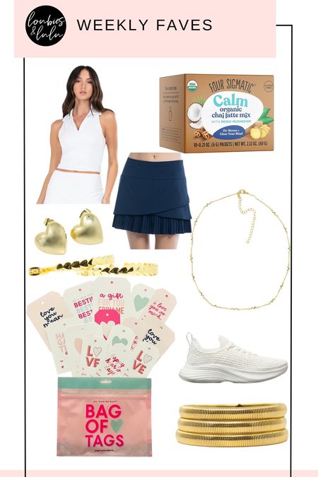 Weekly favorites💖 the new apl sneakers that just arrived, Heart jewelry from Allie and Bess (use code Andrea for 20% off), valentines tags, and a delicious chai tea! 

#LTKSeasonal