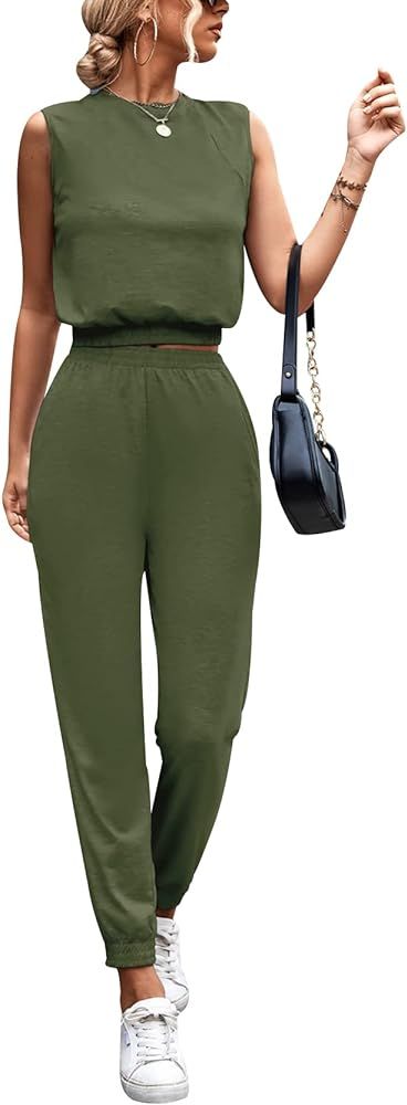 Gihuo Women 2 Piece Outfit Sets Sleeveless Crop Tops Tracksuit Long Jogger Pants with Pockets Sweats | Amazon (US)