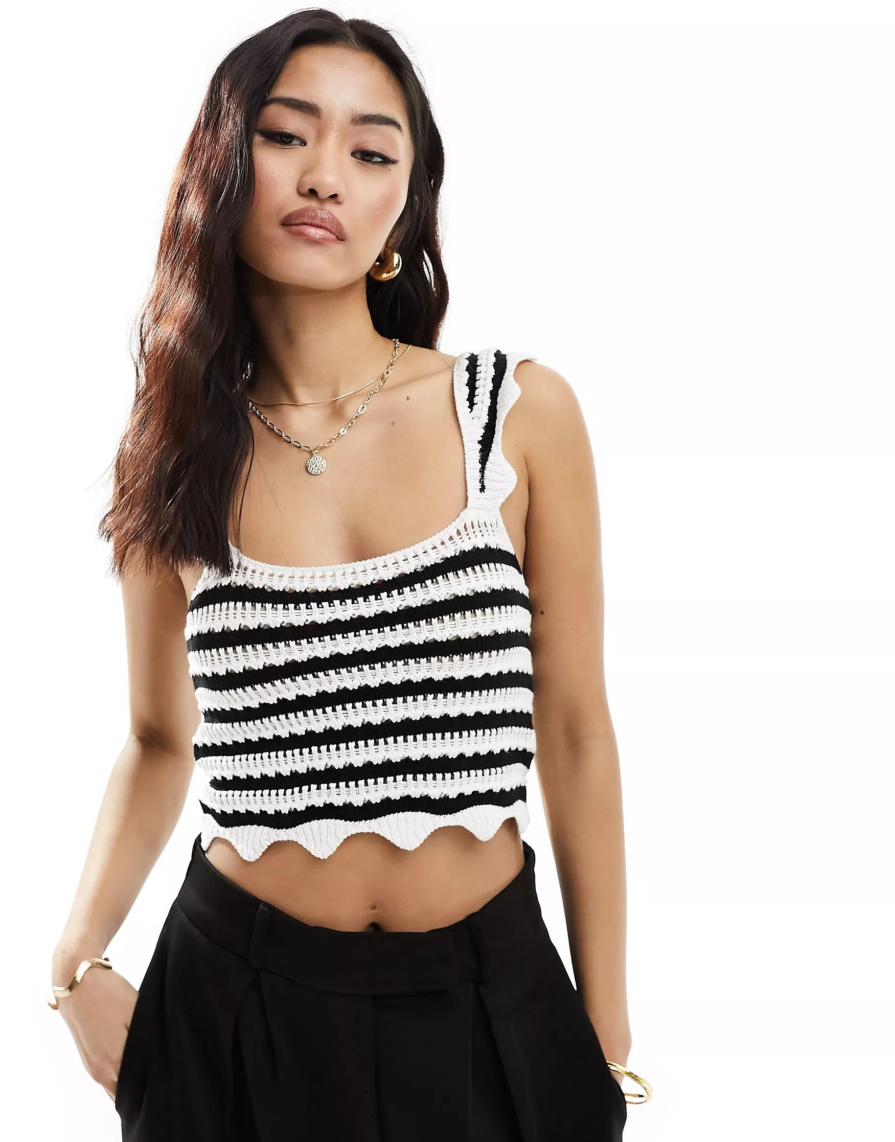 ASOS DESIGN crochet crop top with square neck in black and white stripe | ASOS | ASOS (Global)
