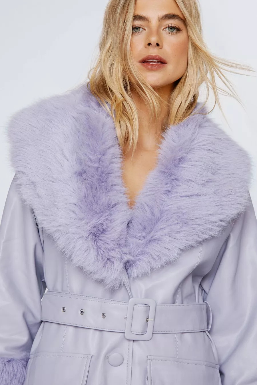 Fur Trim Belted Faux Leather Coat | Nasty Gal US