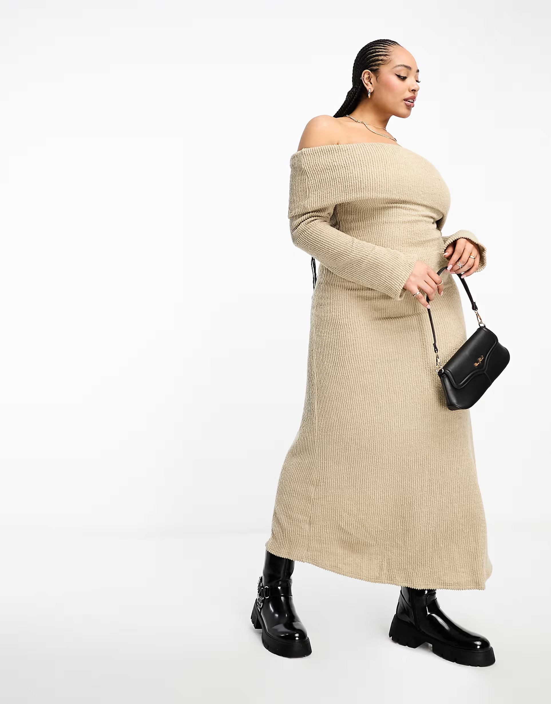 ASOS DESIGN Curve boucle maxi off the shoulder dress with flared sleeve in oat | ASOS (Global)