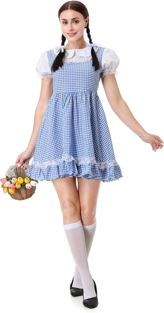 GRAJTCIN Womens Dorothy Costume Kansas Girl Blue Gingham Dress Country Farm Girl Halloween Outfit... | Amazon (US)