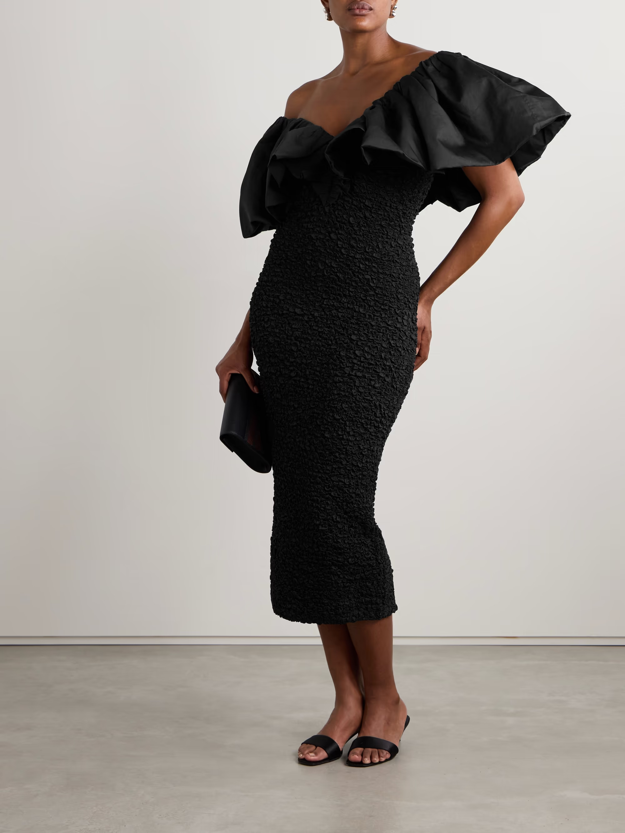 Zia off-the-shoulder ruffled poplin-trimmed popcorn organic cotton midi dress | NET-A-PORTER (US)