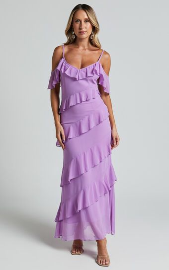 Celaya Maxi Dress -  Strappy V Neck Off Shoulder Tiered Frill Detail in Lilac | Showpo (ANZ)