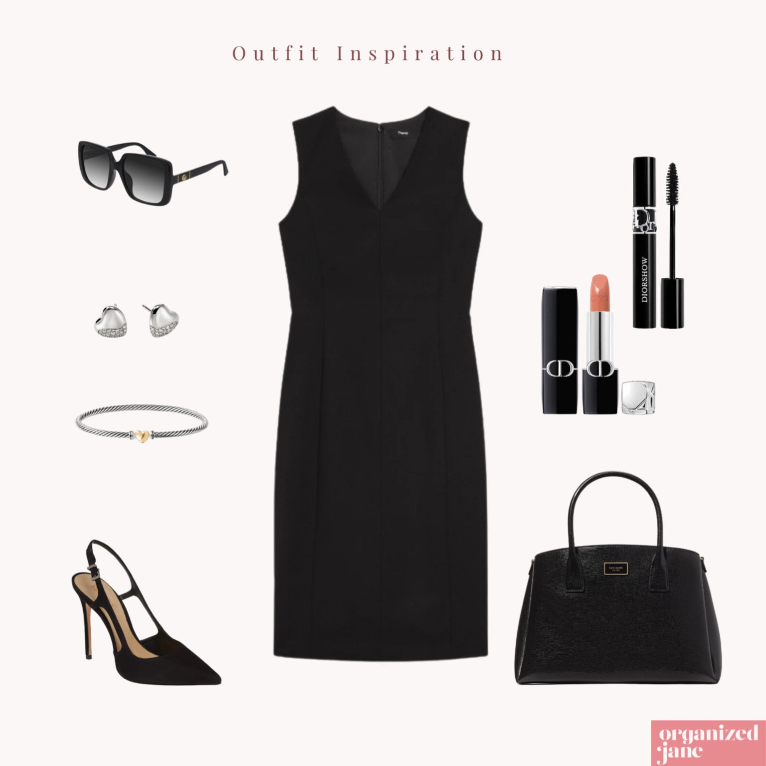 ✨ Outfit inspiration! 🖤 This sleek black dress paired with elegant accessories and a classic handbag is perfect for any occasion. Don't forget to add a touch of glam with your favorite makeup essentials! 🌟 #OrganizedJane #ClassicStyle #EffortlessElegance 👠🕶💄