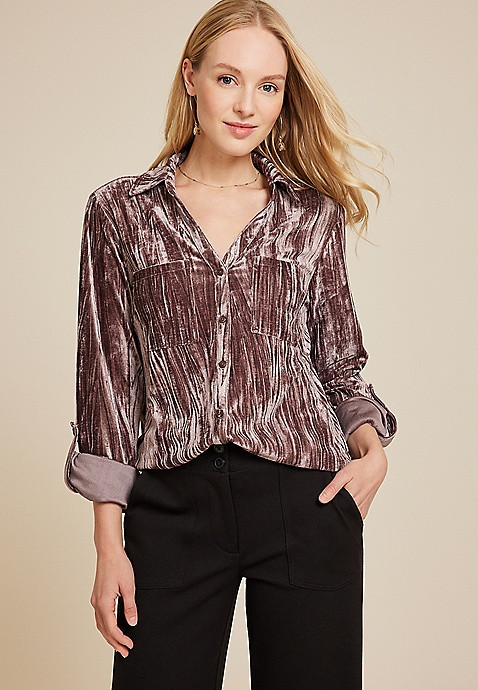 Winona Velvet Button Down Blouse | Maurices