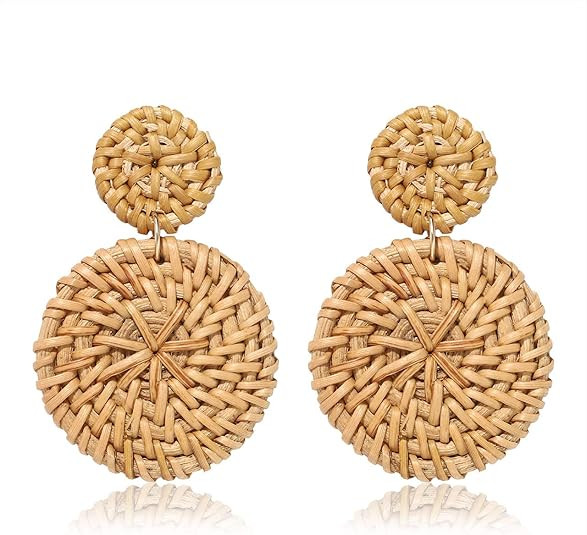 BSJELL Rattan Hoop Earrings Woven Handmade Straw Circle Drop Earrings Hammered Disc Stud Wicker B... | Amazon (US)