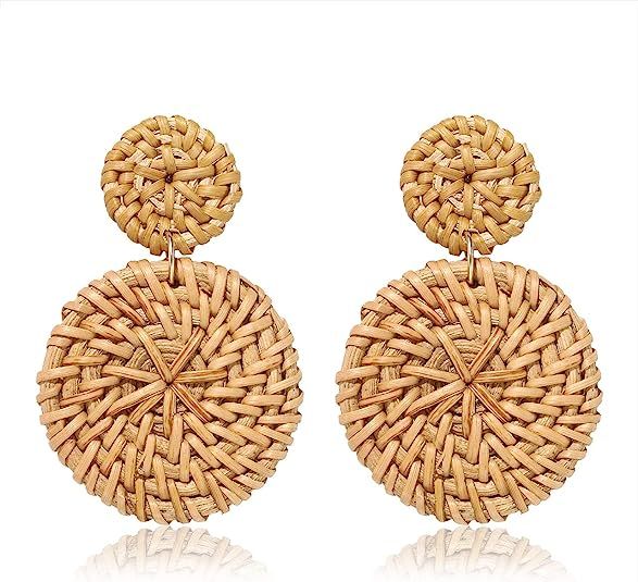 BSJELL Rattan Hoop Earrings Woven Handmade Straw Circle Drop Earrings Hammered Disc Stud Wicker B... | Amazon (US)