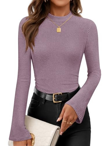ZESICA Women's Long Sleeve Shirts 2026 Spring Mock Neck Ribbed Slim Fit Tops Basic Tees Dressy Casual Outfits Clothes Purple Small | Amazon (US)