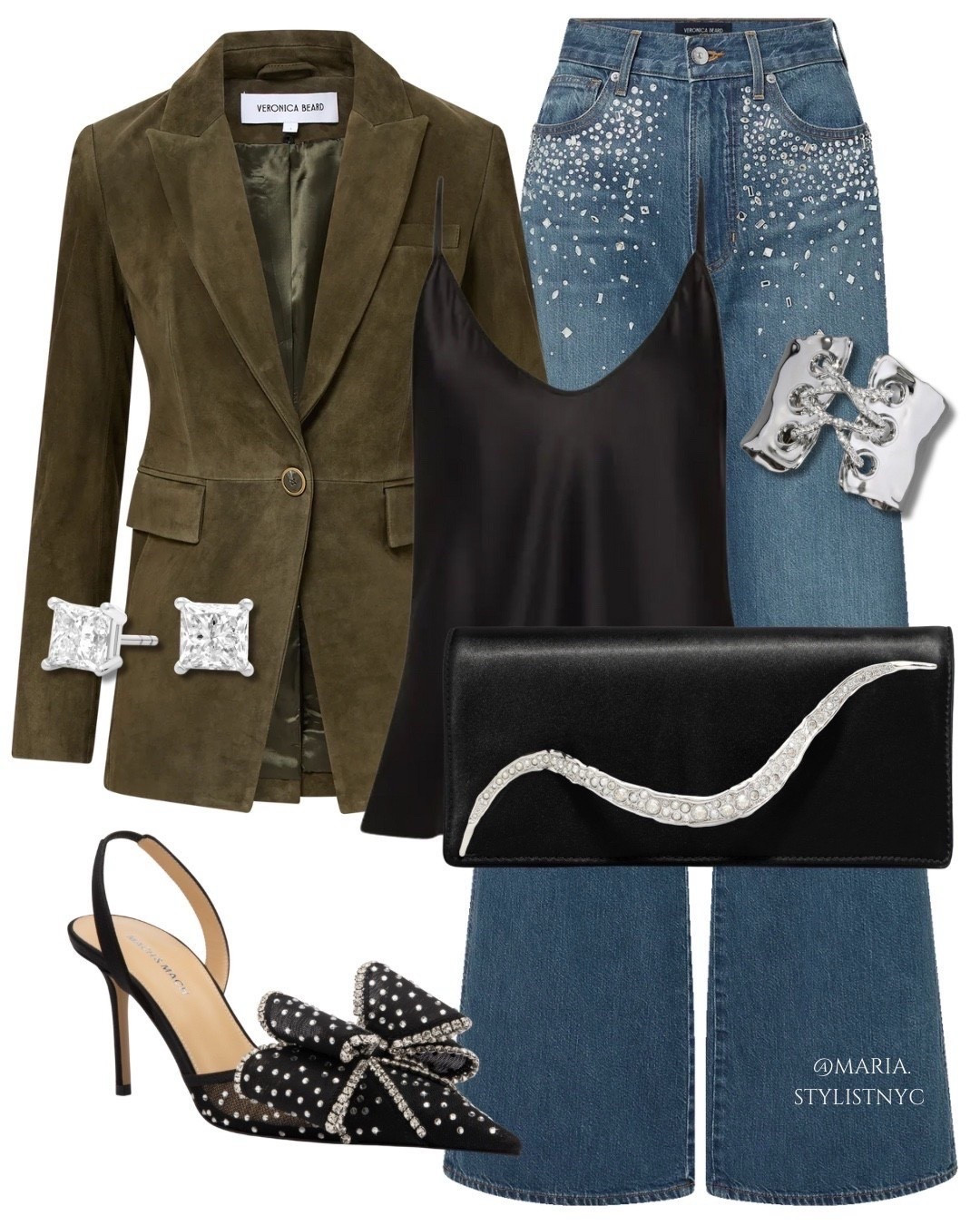 ✨ Sparkling Evening Ready ✨
A luxurious olive suede blazer paired with wide-leg, crystal-embellished denim for a modern high-low look. Finished with a sleek black silk camisole, a dramatic crystal-detailed clutch, square-cut diamond stud earrings, and chic black slingback heels

#LTKootd #LTKHoliday #LTKSeasonal