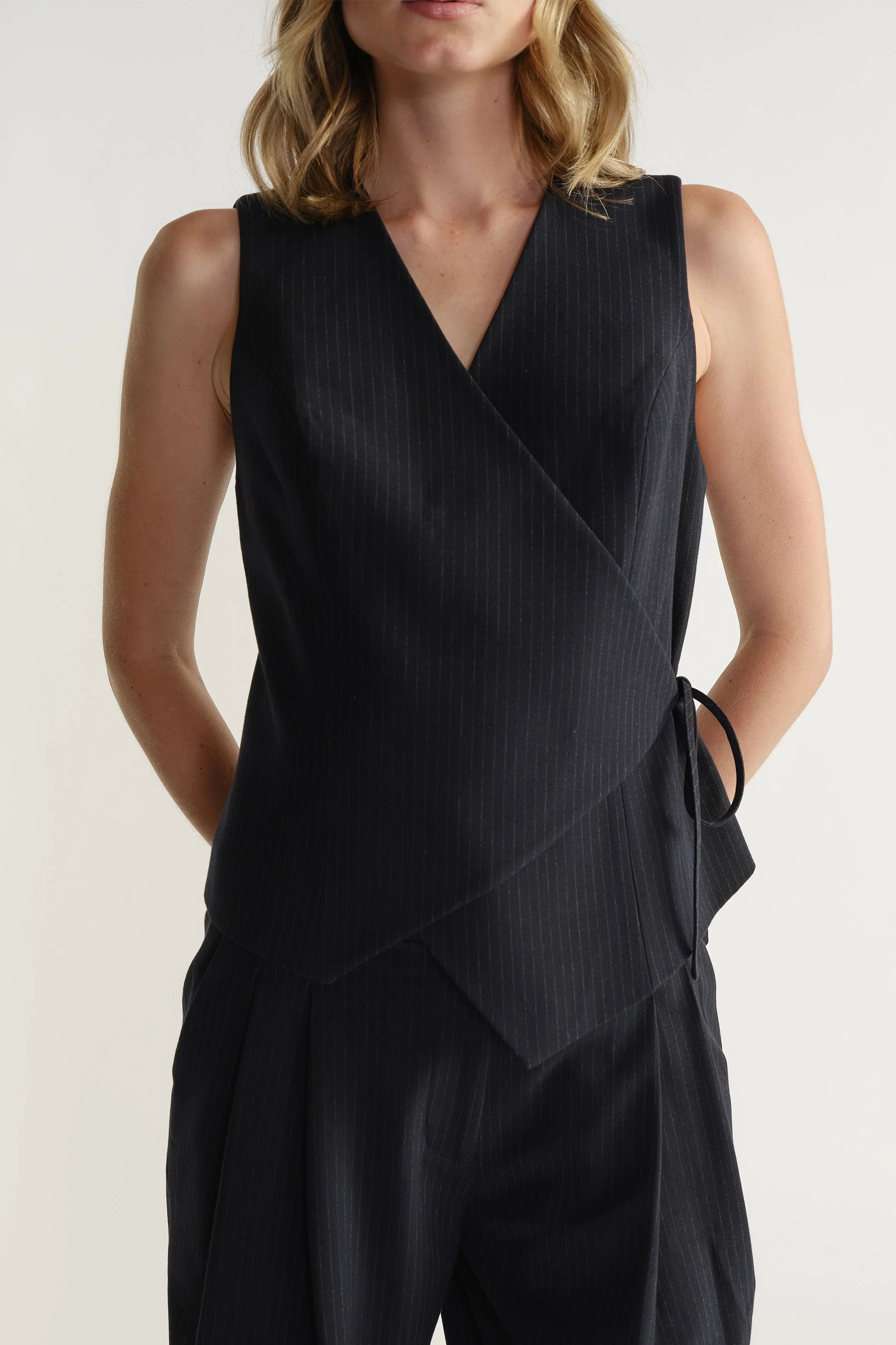 Clara Side Tie Vest - Navy Pinstripe | DECJUBA
