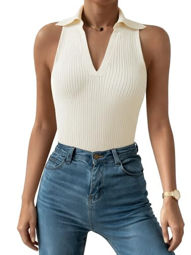 Ribbed Tank Tops for Women, Going Out Trendy Sleeveless Shirts Collared Casual Knit Top Apricot | Amazon (US)