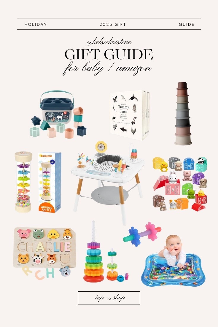 Gift guide for baby from Amazon // activity center / skip hop / shape sorter / name puzzle / stacking toy / water tummy time mat / tummy time toys / baby toys / gift guide

#LTKGiftGuide #LTKHoliday #LTKBaby