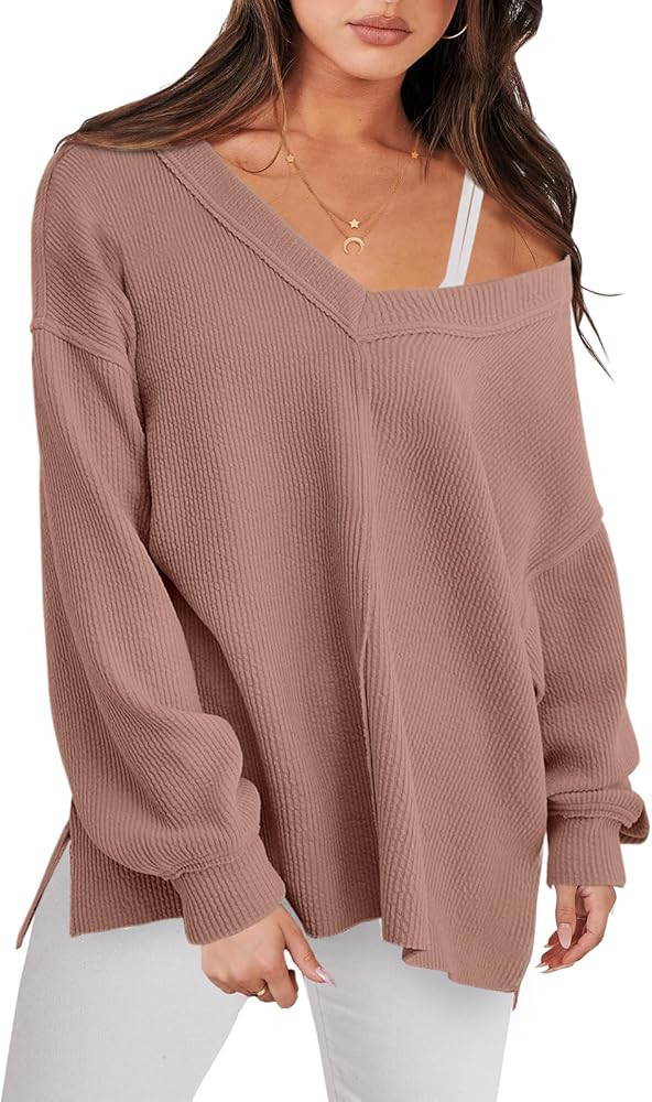 ANRABESS Women Long Sleeve Shirt V Neck Off Shoulder Oversized Knit Pullover Sweatshirt Loose Hig... | Amazon (US)