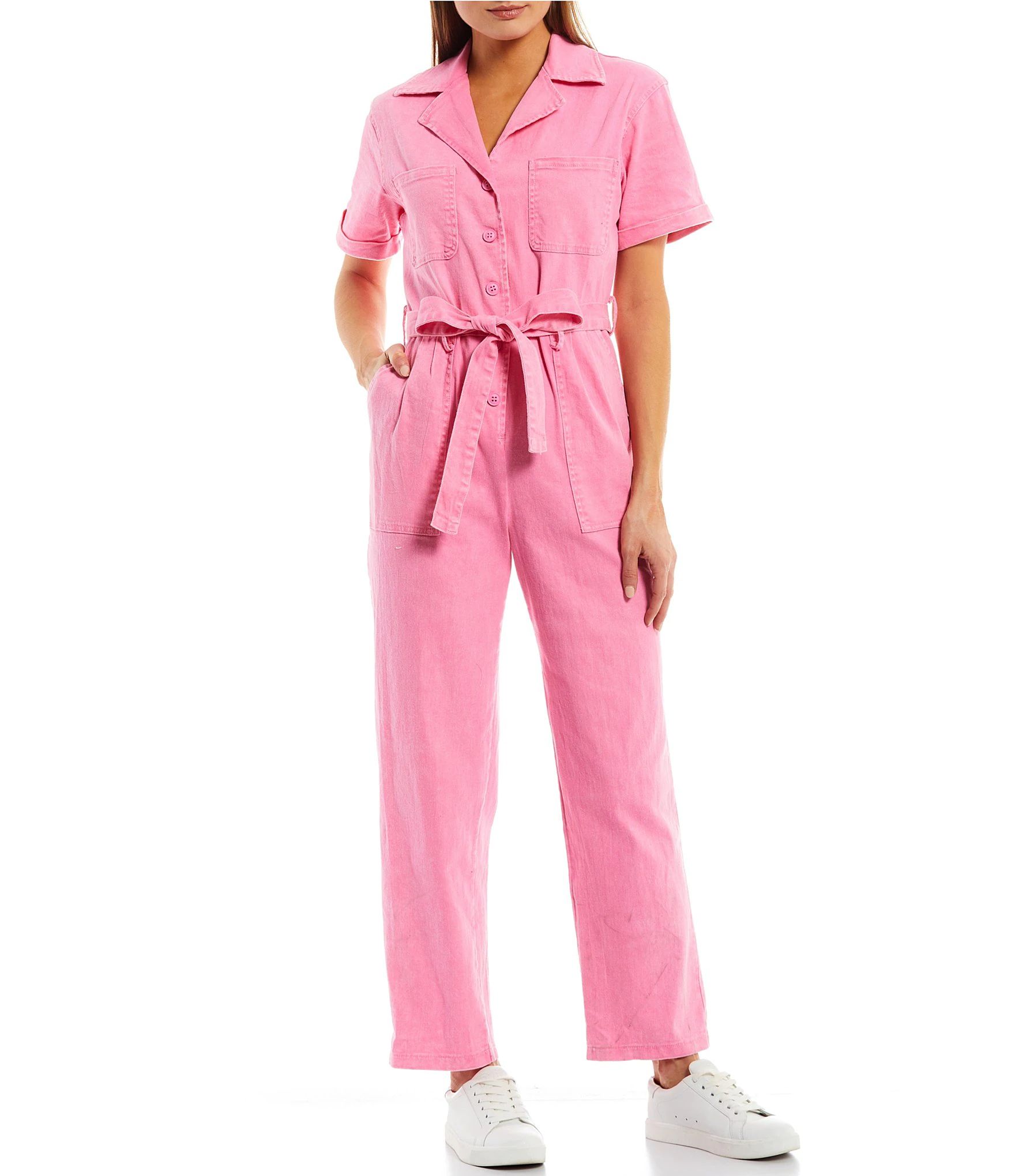 Washed Notch Collar Cuffed Short Sleeve Button Front Belted Utility Flight Suit | Dillard's