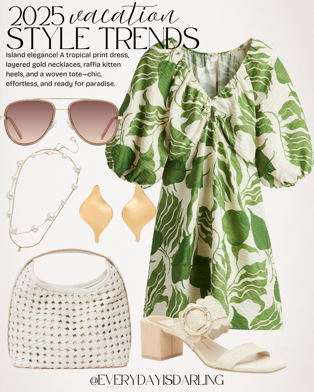 Island elegance 🌿✨ A tropical print dress, layered gold necklaces, raffia kitten heels, and a woven tote—chic, effortless, and ready for paradise. #TropicalGlam #VacationStyle

Summer style  resortwear  spring break fashion  tropical print  everydayisdarling 

 #LTKStyleTip #LTKTravel #LTKBump