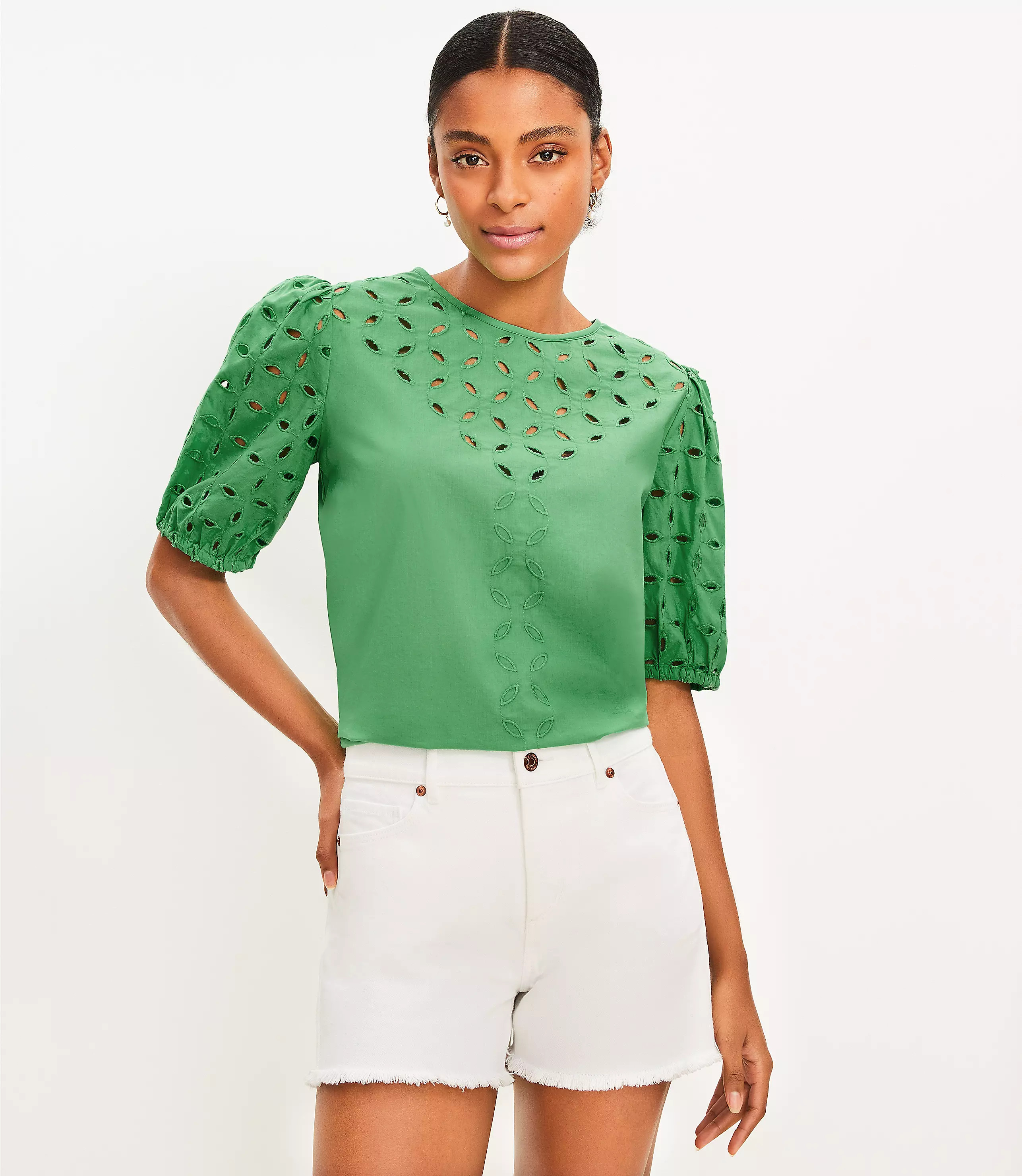 Poplin Eyelet Puff Sleeve Blouse | LOFT