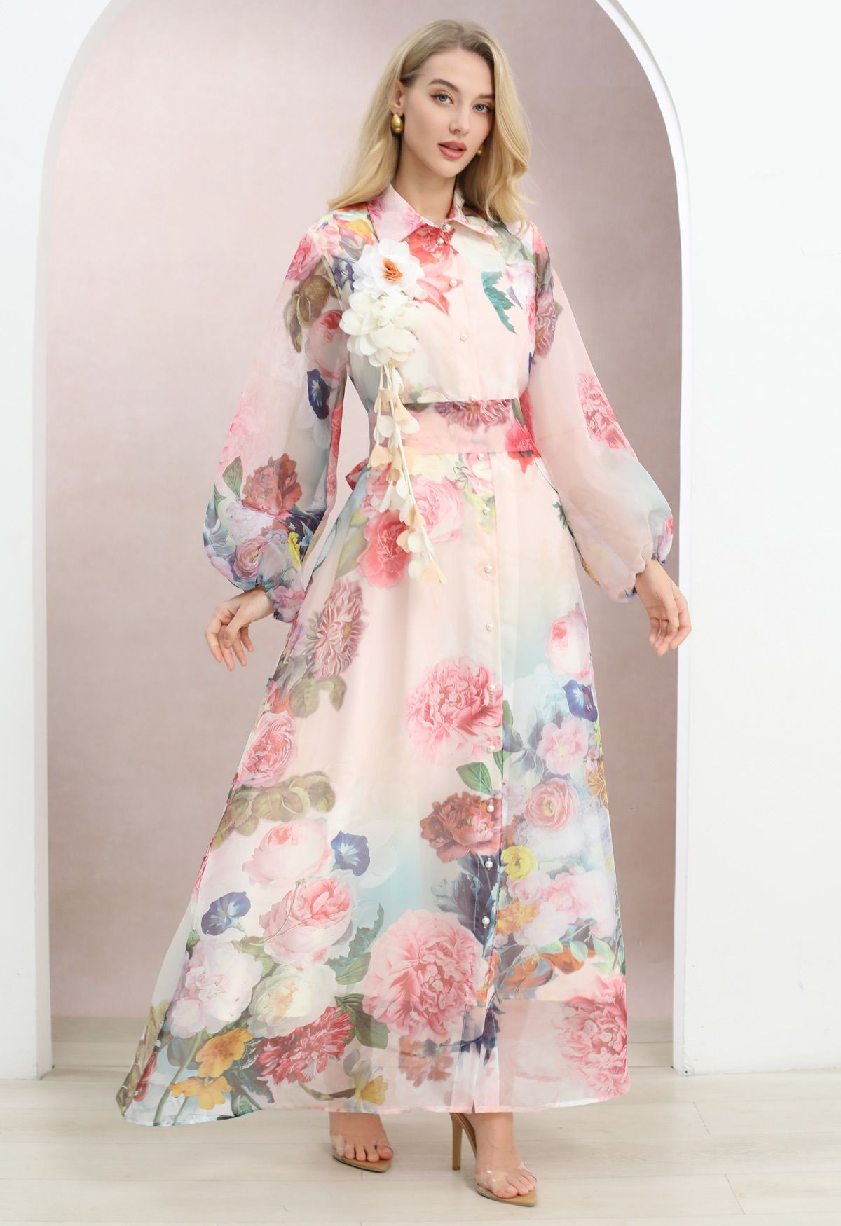Floral-Kissed Button-Down Organza Maxi Dress with Brooch in Pink for Romantic Retreats & Sunset D... | Chicwish