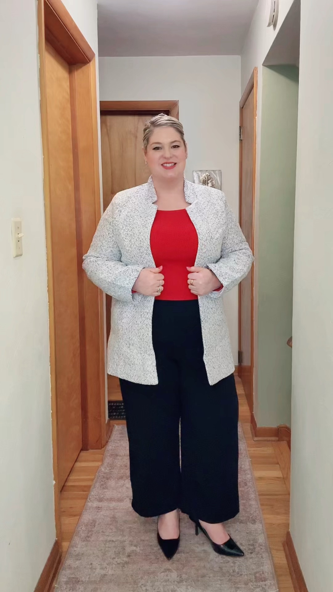 Feeling polished in this notched collar blazer and easy slacks both from Anrabess. A pop of color, classic detail, and groove to keep me going! #midlife #ootd #curvystyle #workingmom 

#LTKootd