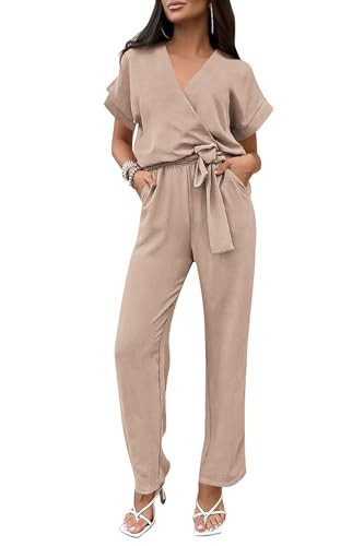 PRETTYGARDEN Summer Jumpsuits For Women Dressy Casual Short Sleeve V Neck Wide Leg Pants Rompers (Beige,Large) | Amazon (US)