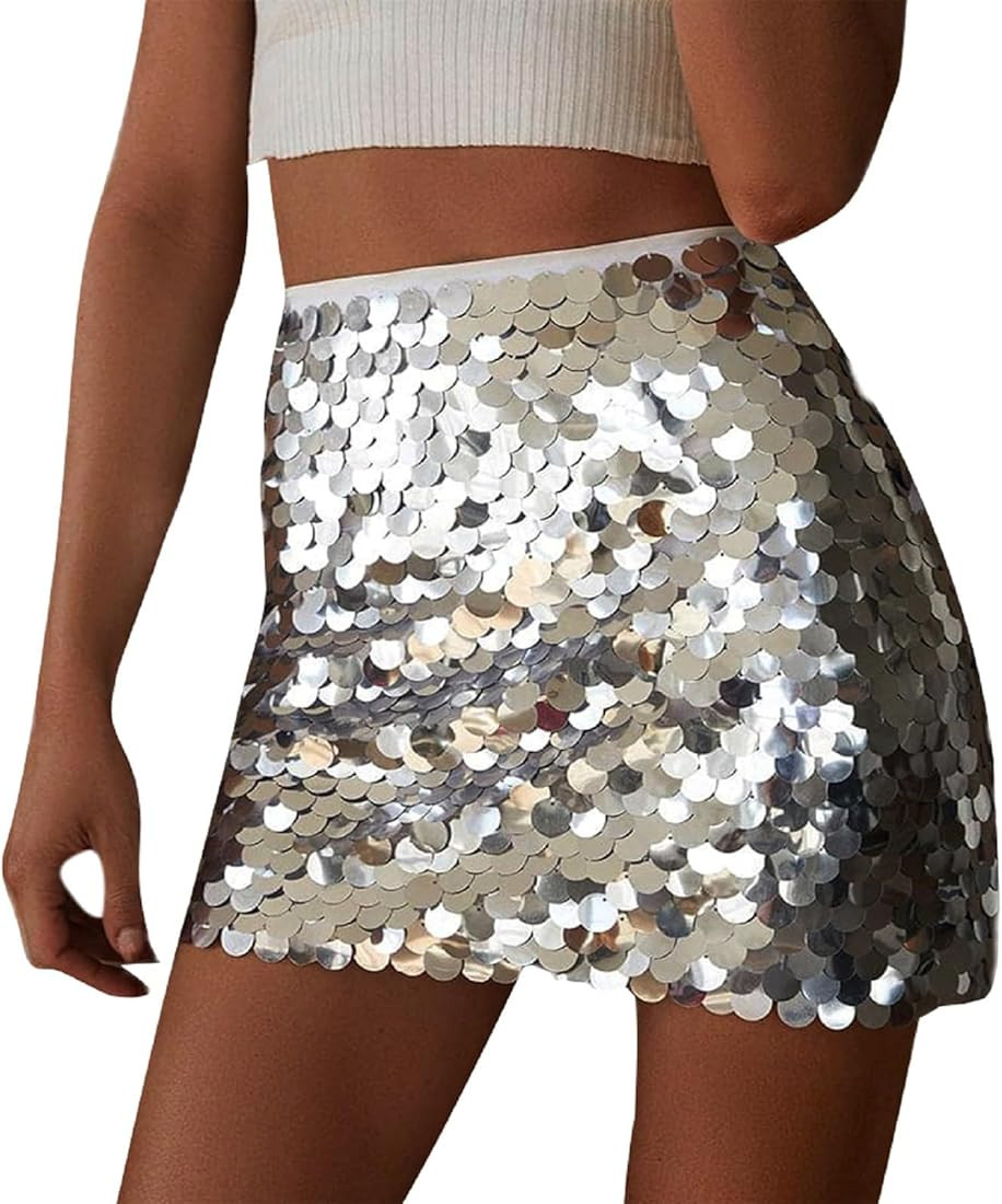 Women Sequin Skirt Sexy Sparkly Bodycon Skirt Glitter A Line Mini Skirt Party Clubwear | Amazon (US)
