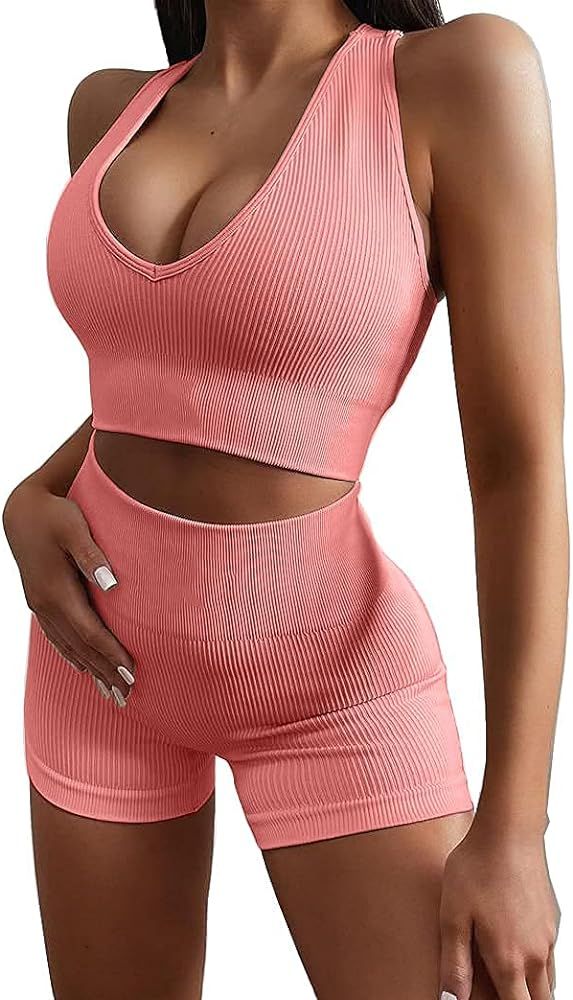 Ribbed Workout Sets for Women 2 Piece Gym Outfits Crop Tops High Waist Running Shorts Yoga Activewea | Amazon (US)