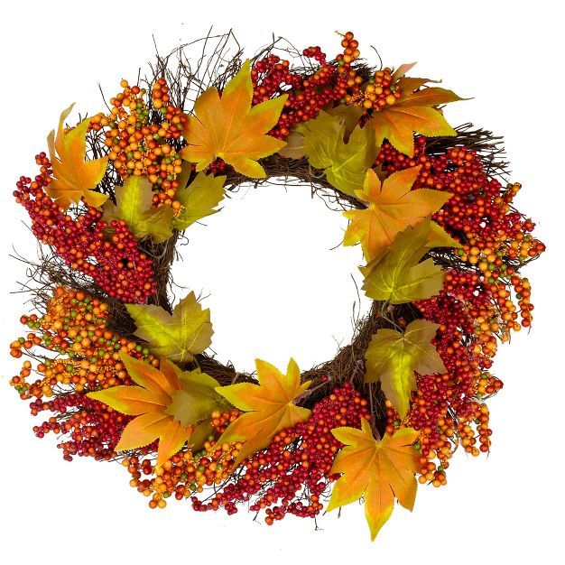 Northlight Maple Leaf and Berry Twig Artificial Fall Harvest Wreath, 22-Inch | Target