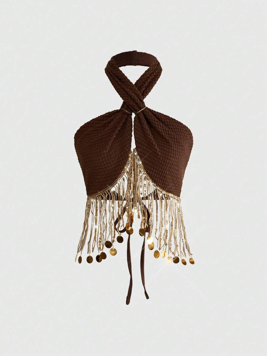 ROMWE Women's Retro Vintage Hippie Music Festival Beaded Tassel Decor Halter Top | SHEIN