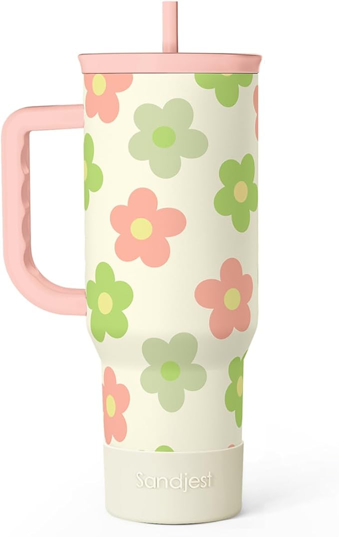 SANDJEST Daisy Tumbler with Handle 40oz, Floral Cup Stainless Steel Insulated Tumblers Coffee Tra... | Amazon (US)