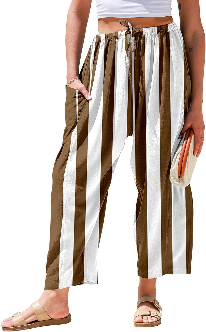 TARSE Womens Wide Leg Striped Linen Pants with Pocket | Amazon (US)