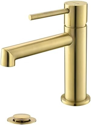 Single Hole Brass Brushed Gold Bathroom Faucet with Pop-up Sink Drain Assembly and Faucet Supply ... | Amazon (US)