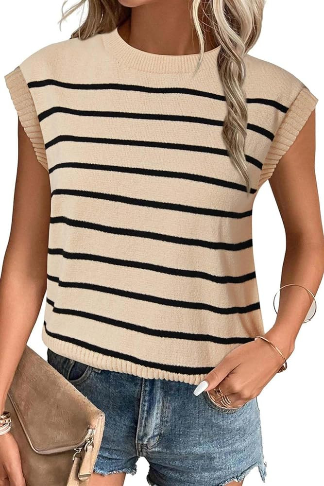 Arach&Cloz Womens Spring Summer 2024 Sweater Vest Cap Sleeve Crew Neck Striped Fashion Casual Sle... | Amazon (US)