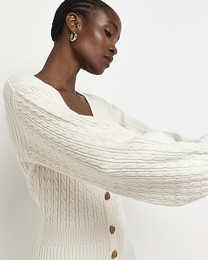 Beige knit long sleeve bodycon midi dress | River Island (UK & IE)