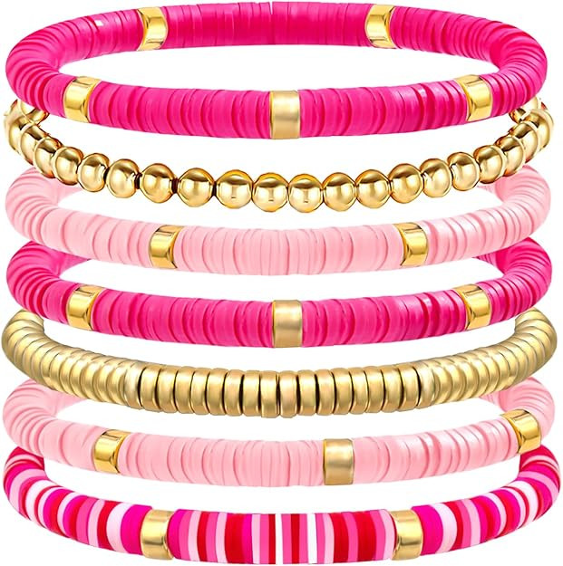 Surfer Heishi Clay Bead Bracelets for Women Pink Bohemian Stackable Stretch Beaded Bracelets Set ... | Amazon (US)