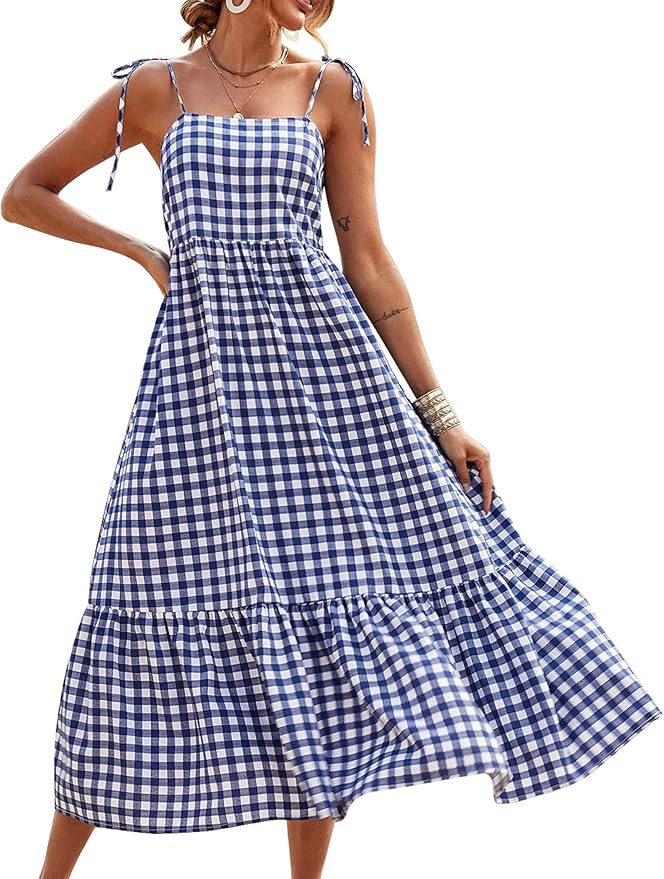 PRETTYGARDEN Summer Dress for Women Plaid Spaghetti Strap Square Neck Tiered Ruffle Flowy Maxi Dr... | Amazon (US)