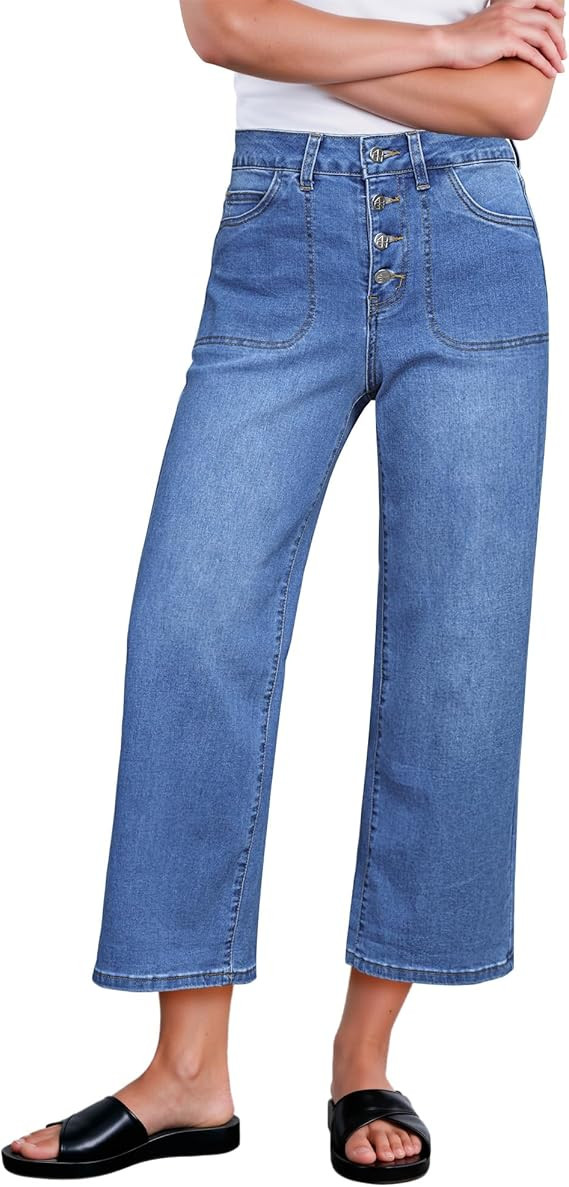 GRAPENT Wide Leg Jeans for Women Cropped Trendy High Waisted Button Fly Loose Straight Leg Stretc... | Amazon (US)
