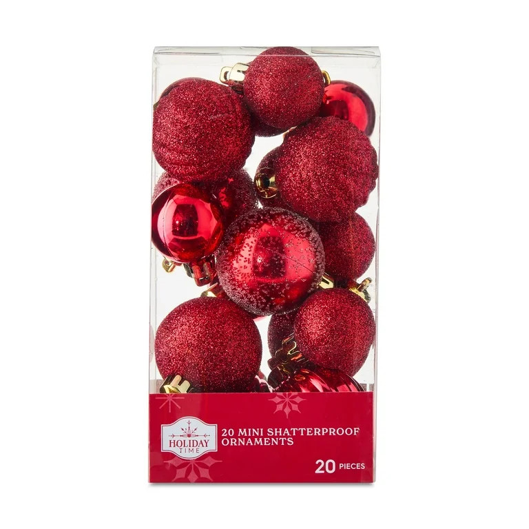 Mini Red Multi-Textured Shatterproof Christmas Ornaments, 20 Count, by Holiday Time | Walmart (US)