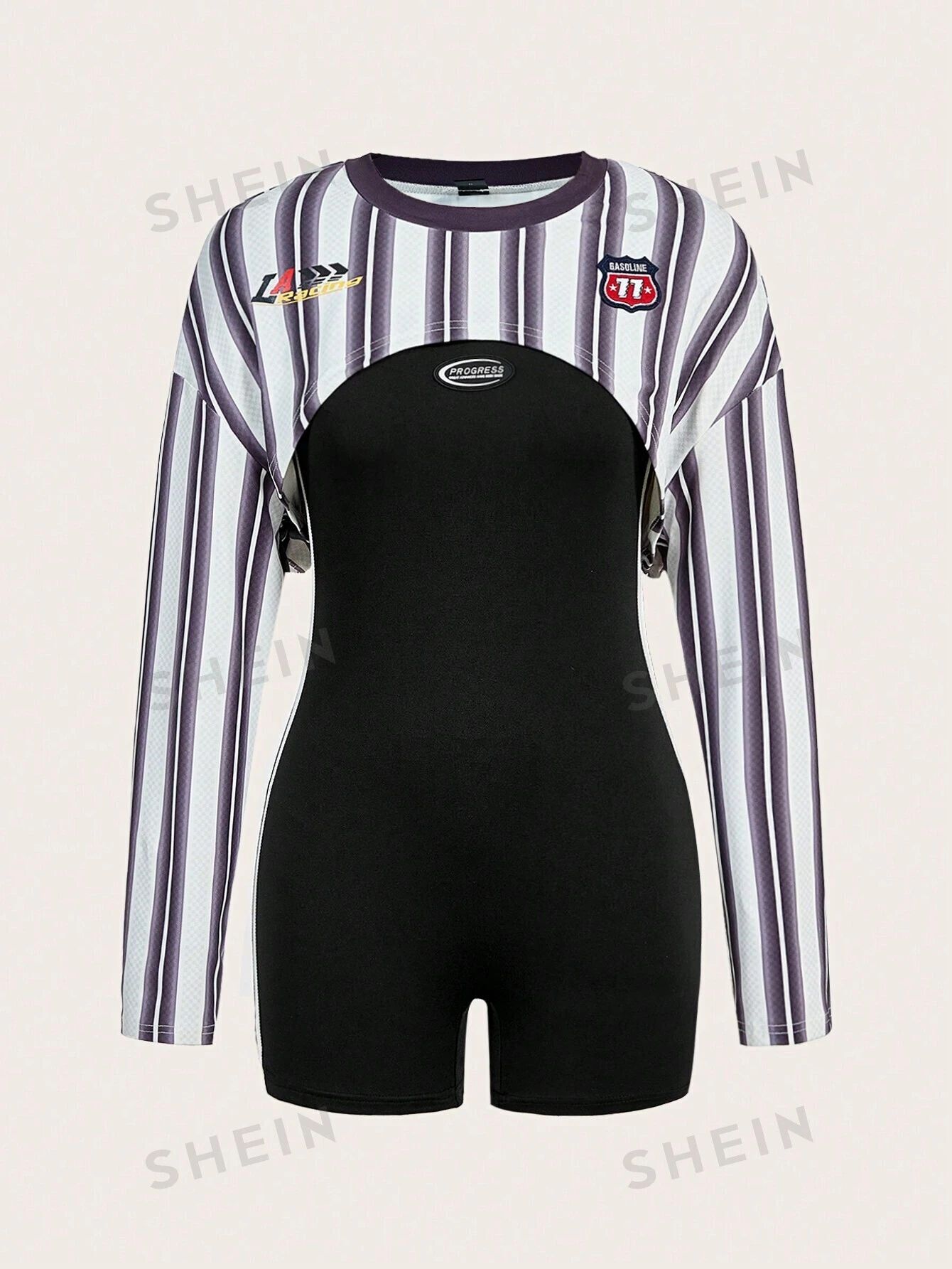 SHEIN EZwear Women's 2pcs Round Neck Striped Splice T-shirt With Detachable Sleeve | SHEIN