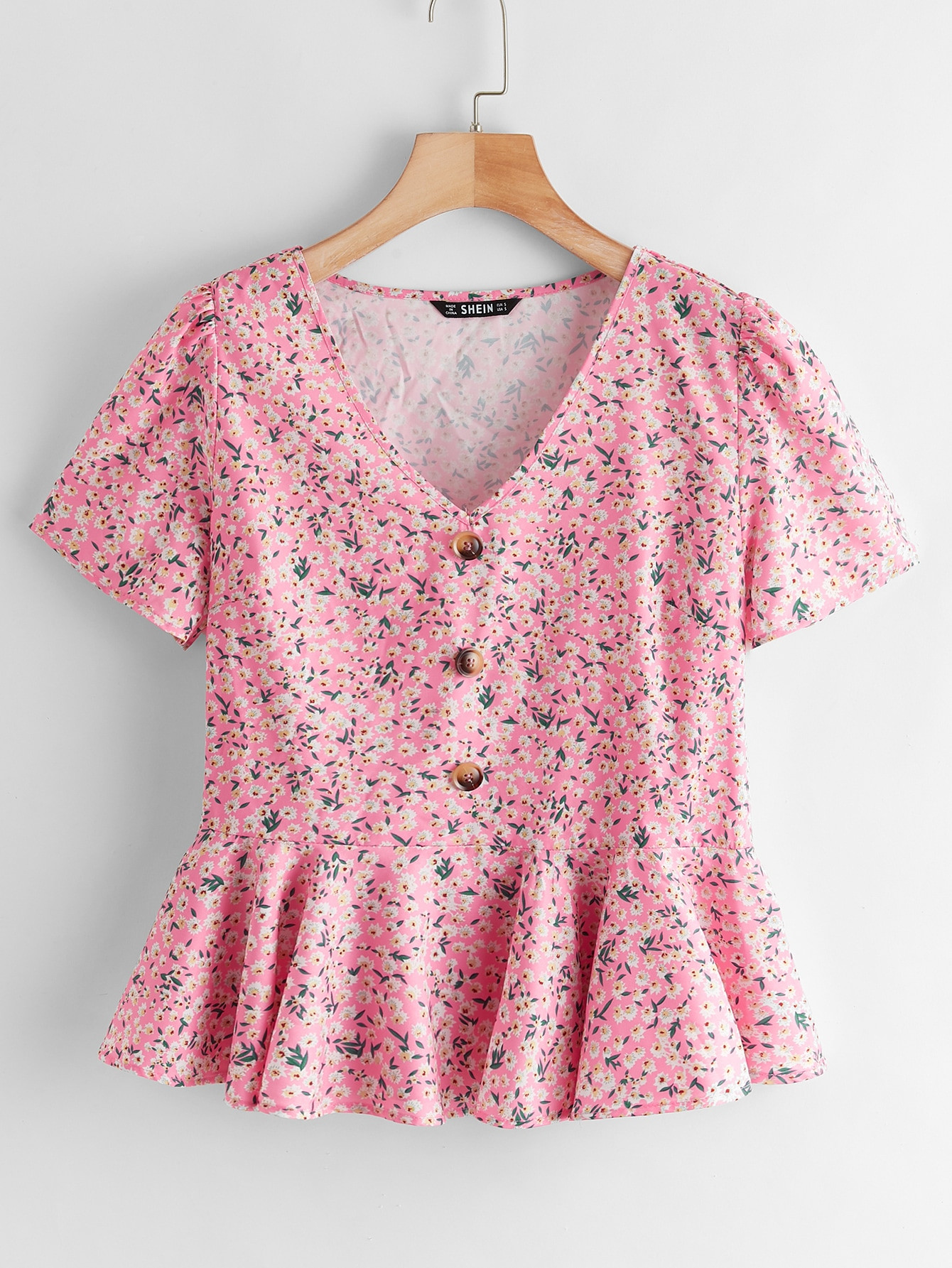 SHEIN Buttoned Front Ditsy Floral Peplum Top | SHEIN