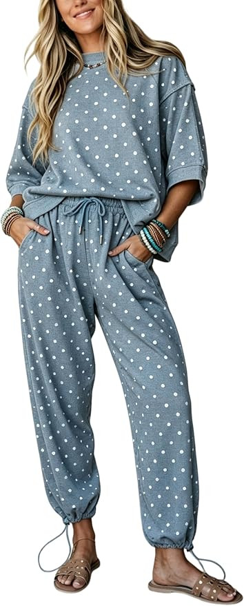 Ailoqing Womens Polka Dot 2 Piece Contrast Top Joggers Sets | Amazon (US)
