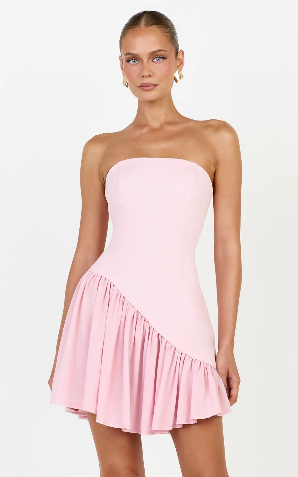 Strapless Gathered Asymmetric Dropped Waist Dress in Pink | Showpo (US, UK & Europe)