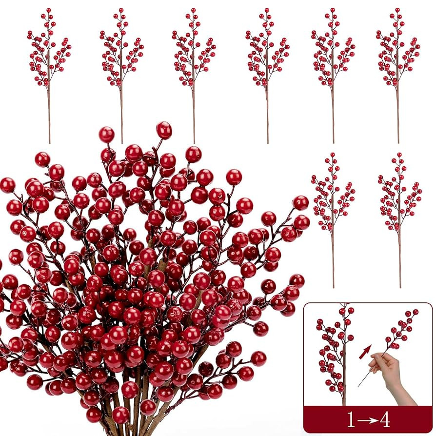 HOHOTIME Christmas Holly Berry Stem Ornaments, 8 Large Branches/32 Small Branches Artificial Berr... | Amazon (US)