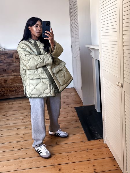 Quilted coat, quilted jacket, joggers, grey joggers, Anine bing, adidas samba, green coat , winter outfit, casual clothes 

#LTKstyletip #LTKMostLoved #LTKeurope