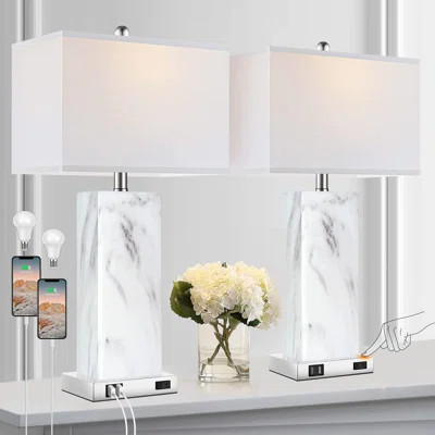 Touch Control Table Lamps Set Of 2, Modern Contemporary Bedside Lamp With 2 USB Ports 1 AC Outlet, 3-Way Dimmable Nightstand Lamp Faux Marble Rectangu | Wayfair North America