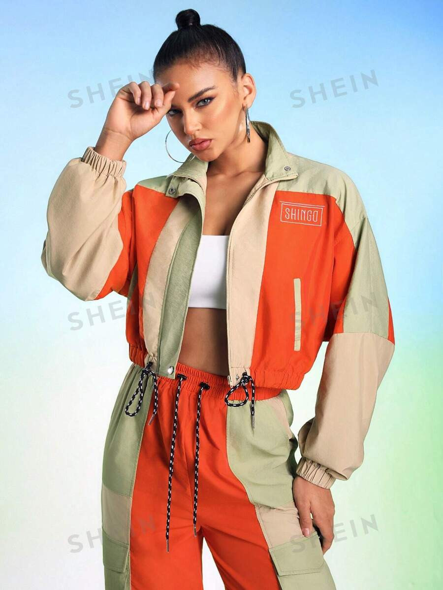 SHINGO Color-Blocked Crop Jacket With Logo, Fall Women Clothes, For Autumn & Winter | SHEIN