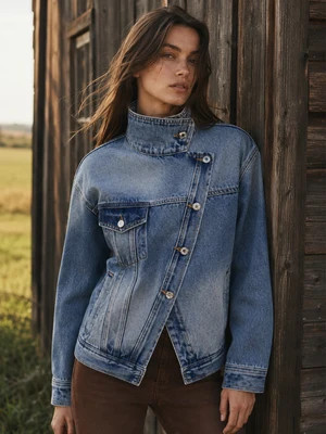 High Stand Collar Slanted Placket Denim Jacket | Commense