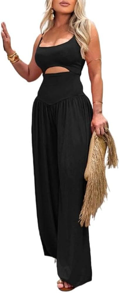Women's summer vest waistband wide leg jumpsuit, sleeveless camisole sports jumpsuit | Amazon (US)